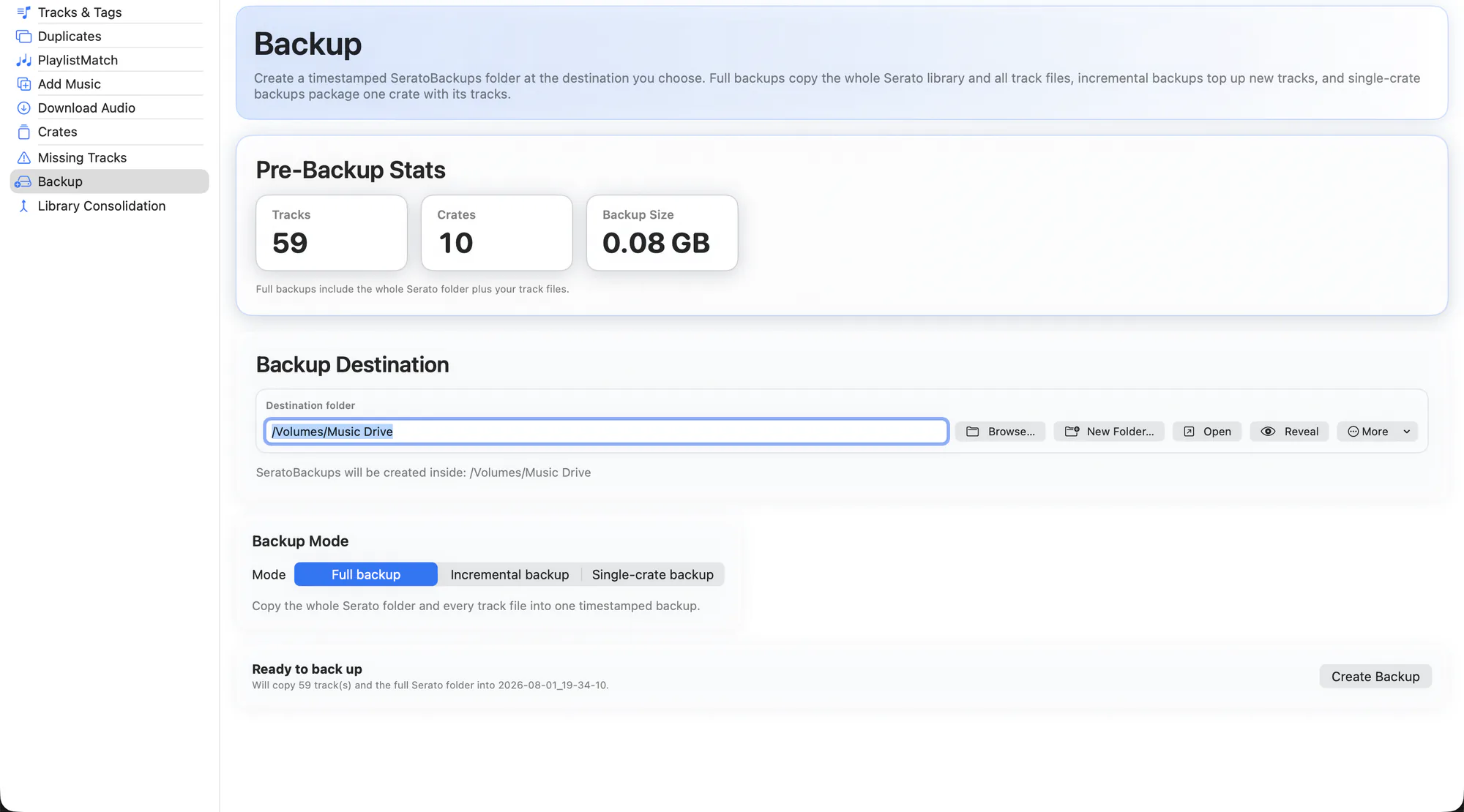 Backup workspace with full, incremental and single-crate backup modes and a size estimate.