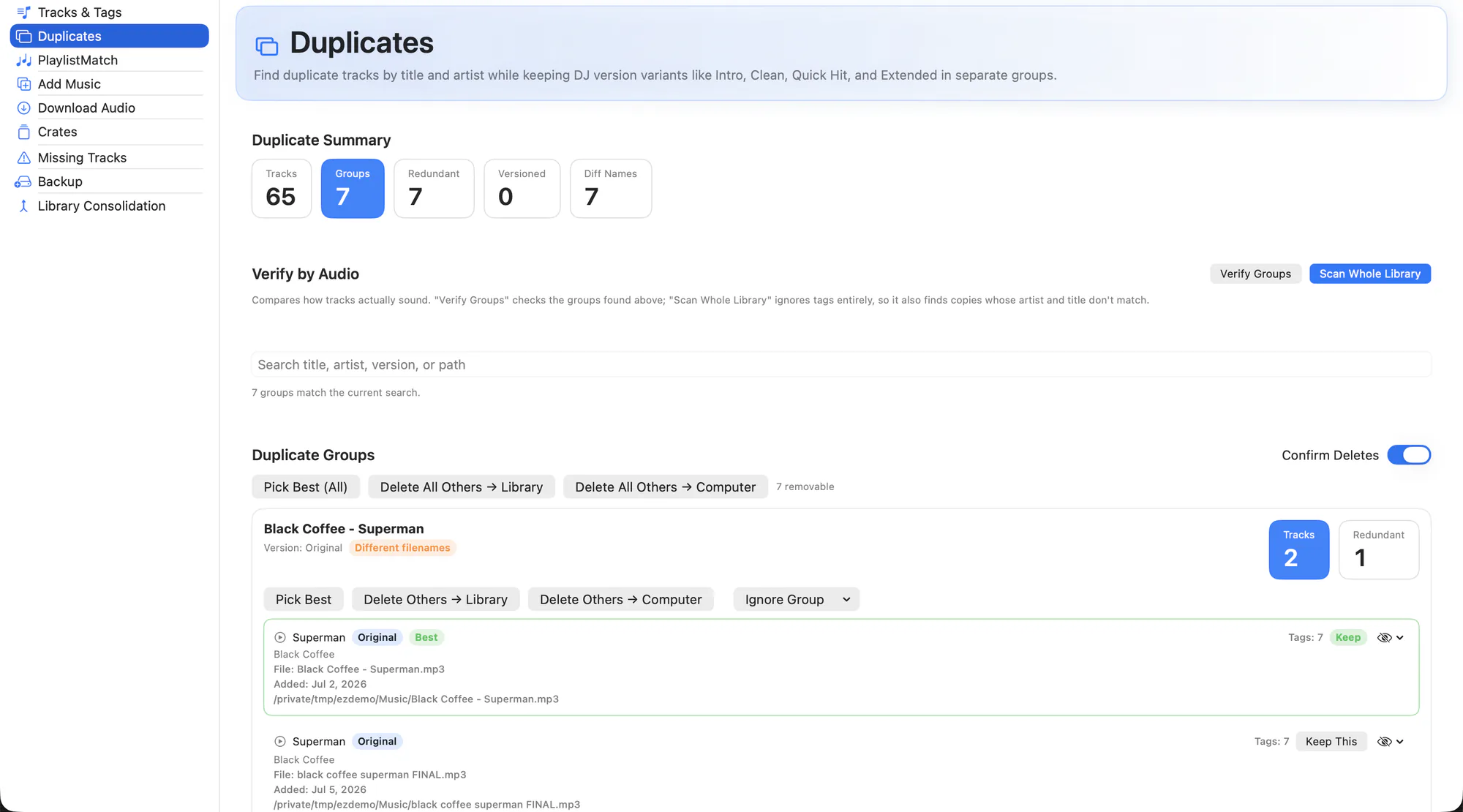 Duplicates workspace showing grouped duplicate tracks with completeness scores.