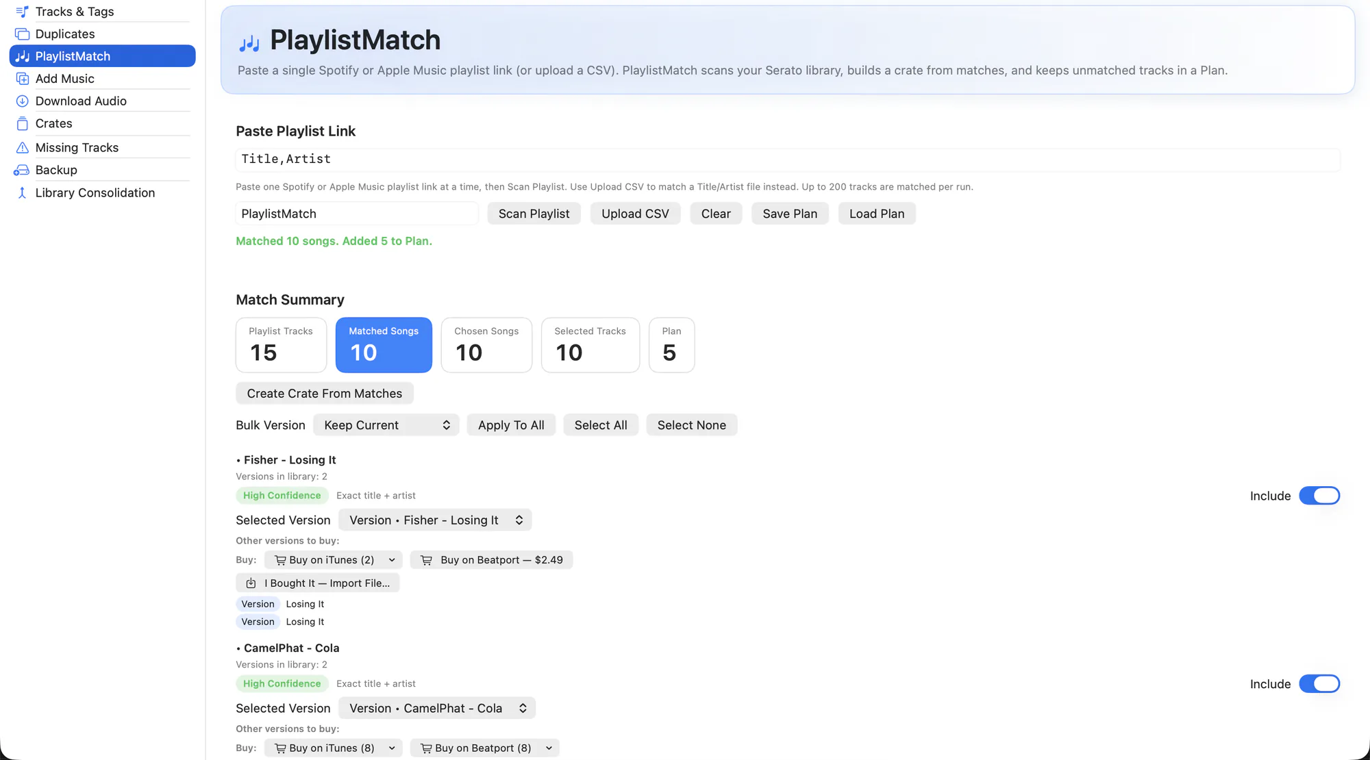 PlaylistMatch workspace with a pasted playlist and per-track match confidence.